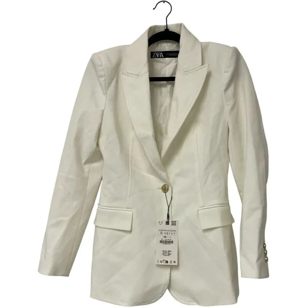 Zara Womens Blazer Suit Jacket S White Singe Breasted gold button2128/599 NWT